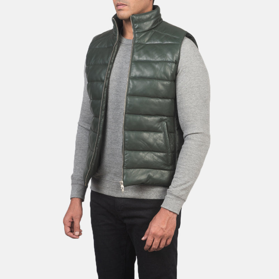 Men’s Aniline Sheepskin Leather Puffer Vest – Dual Zipper Closure