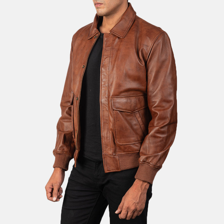Men’s Sheepskin Leather Jacket with Shirt Collar and Button Flap