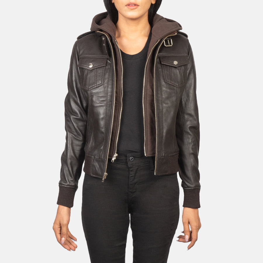 Genuine Sheepskin Leather Hooded Bomber Jacket For Women