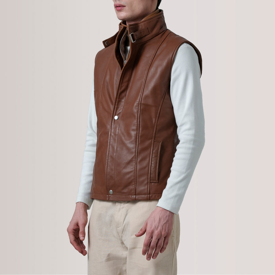 Men’s Semi-Aniline Sheepskin Leather Vest – Band Collar with Buckle