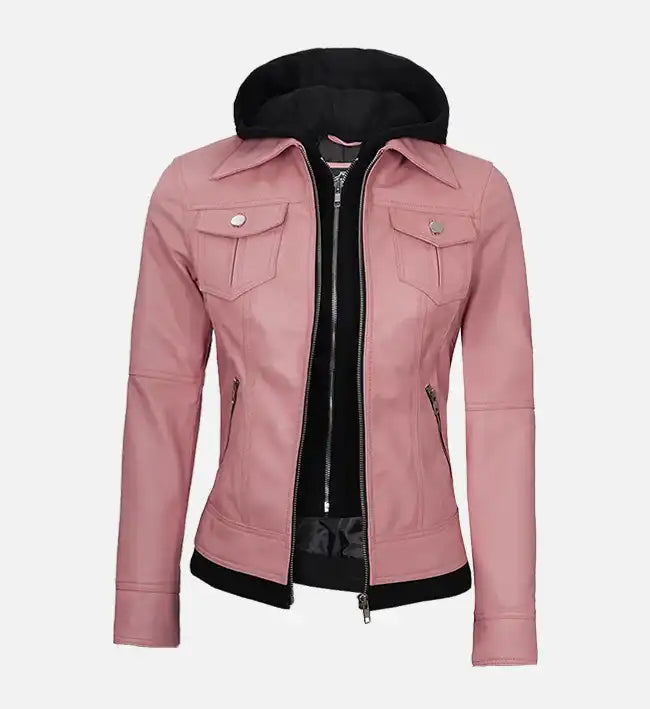Women’s Sheepskin Leather Jacket – Off-White, Pink & Green with Removable Hood