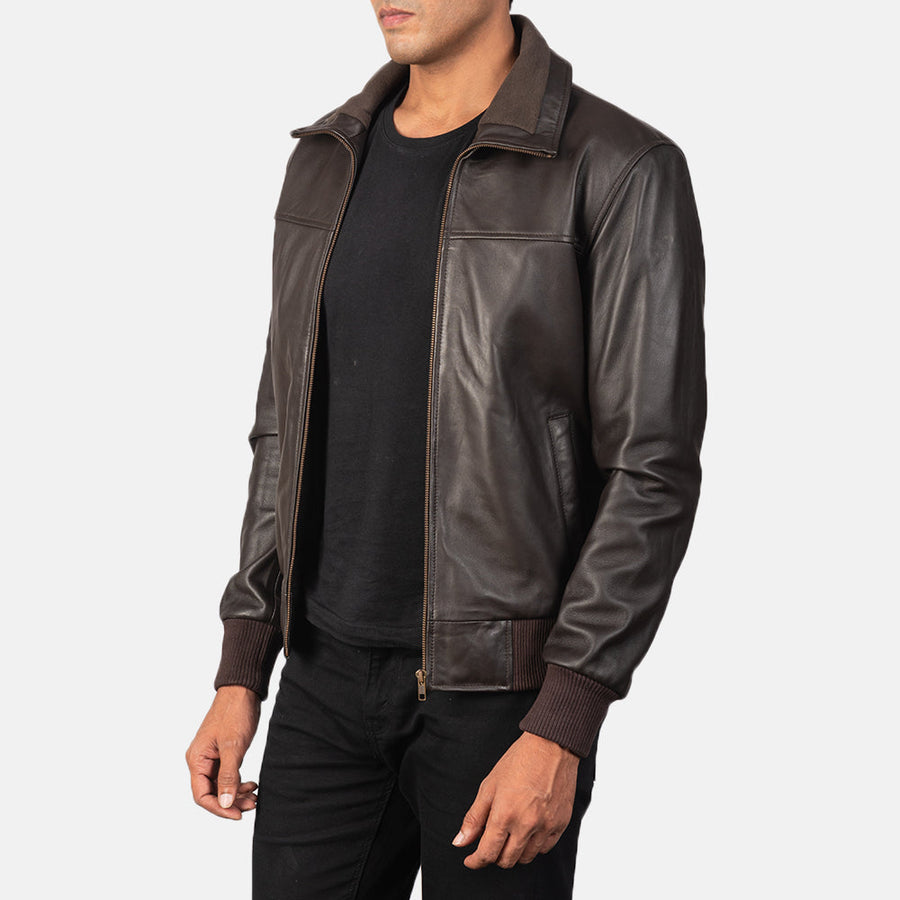 Men’s Sheepskin Leather Jacket with Rib Knit Collar – Semi-Aniline Finish