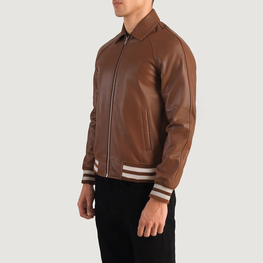 Men’s Semi-Aniline Sheepskin Leather Jacket with Rib Knit Cuffs & Hem