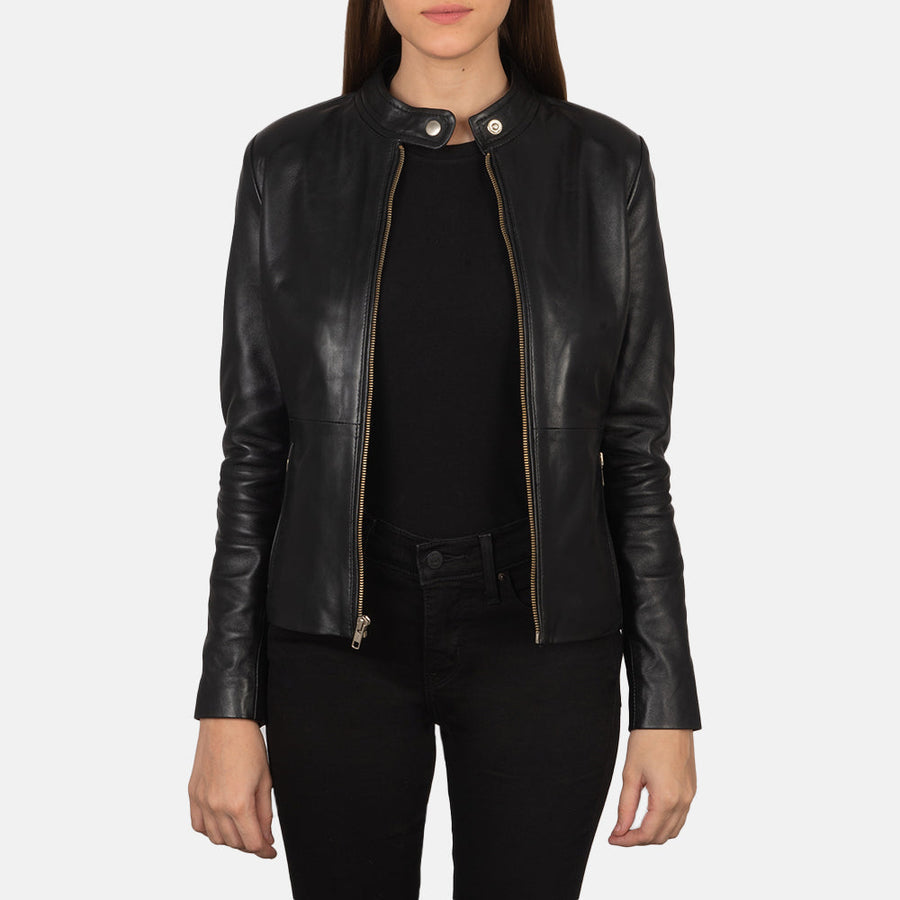 Women’s Sheepskin Leather Bomber Jacket with Band Collar