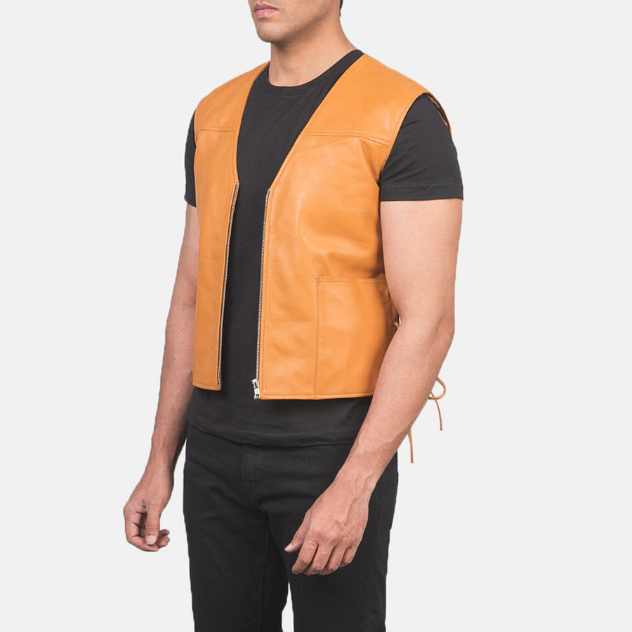 Men’s Black & Tan Brown Sheepskin Leather Vest with Leather Laces