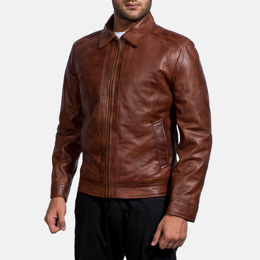 Men’s Sheepskin Leather Rider Jacket with Shirt Collar – Semi-Aniline Finish