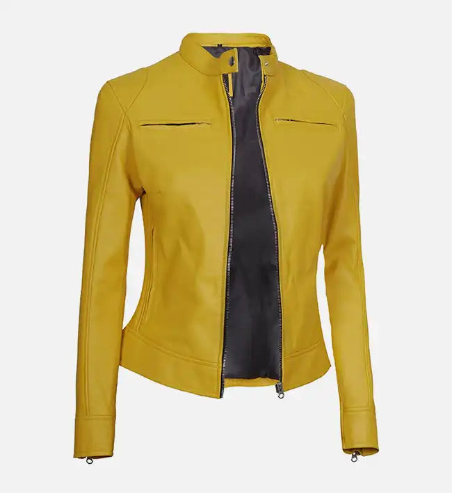 Women’s Sheepskin Leather Jacket – White & Yellow with Streamlined Design