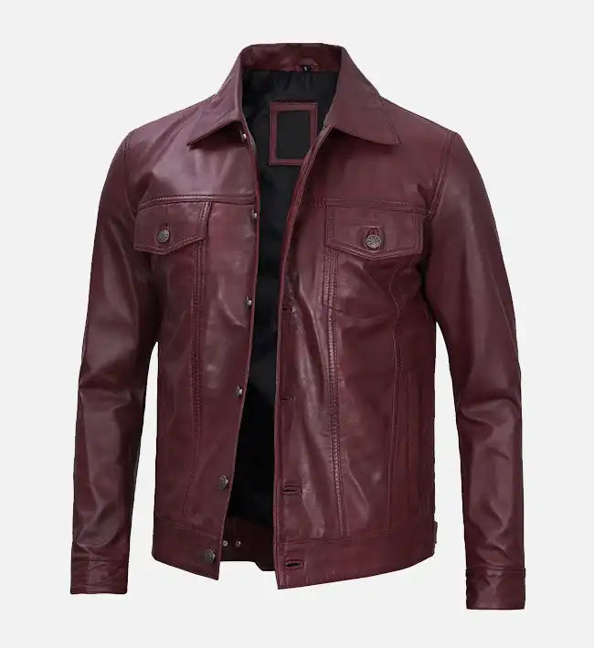 Men’s Sheepskin Trucker Leather Jacket – Camel Brown, Maroon & Blue with Shirt-Style Collar