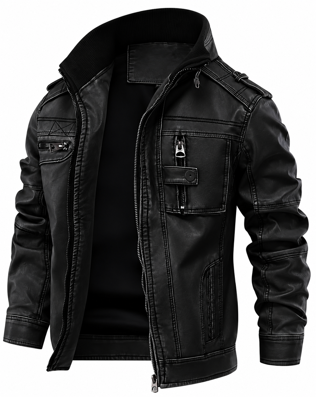 Three-quarter view of the Men's Genuine Leather Biker Jacket - Classic Moto Style Gear.