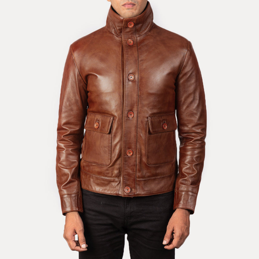 Men’s Sheepskin Leather Rider Jacket with High-Neck Buttoned Collar