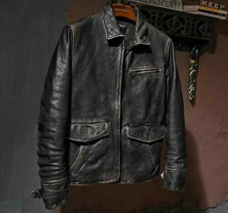 Genuine Distressed Black Leather Jacket - Retro Black Rugged Leather Biker Jacket