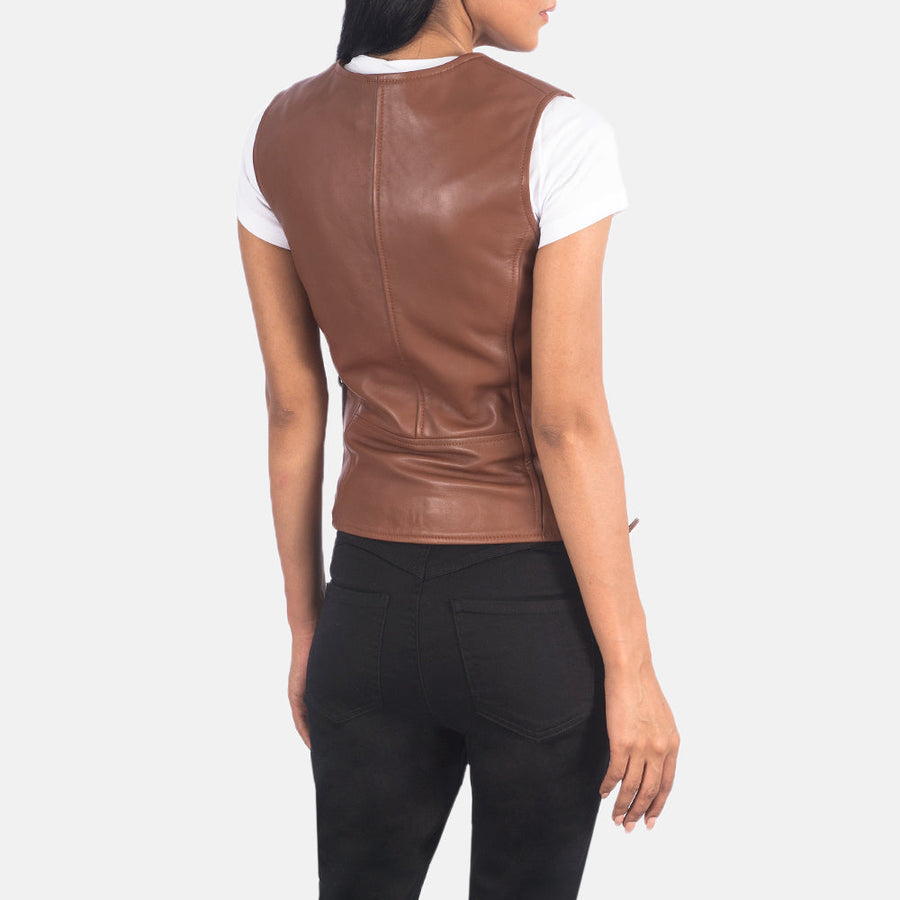 Women’s Black & Brown Sheepskin Leather Vest with V-Neck & Waist Laces