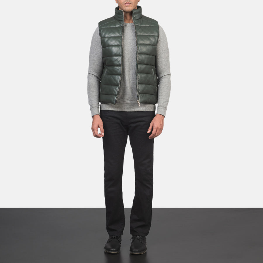 Men’s Aniline Sheepskin Leather Puffer Vest – Dual Zipper Closure