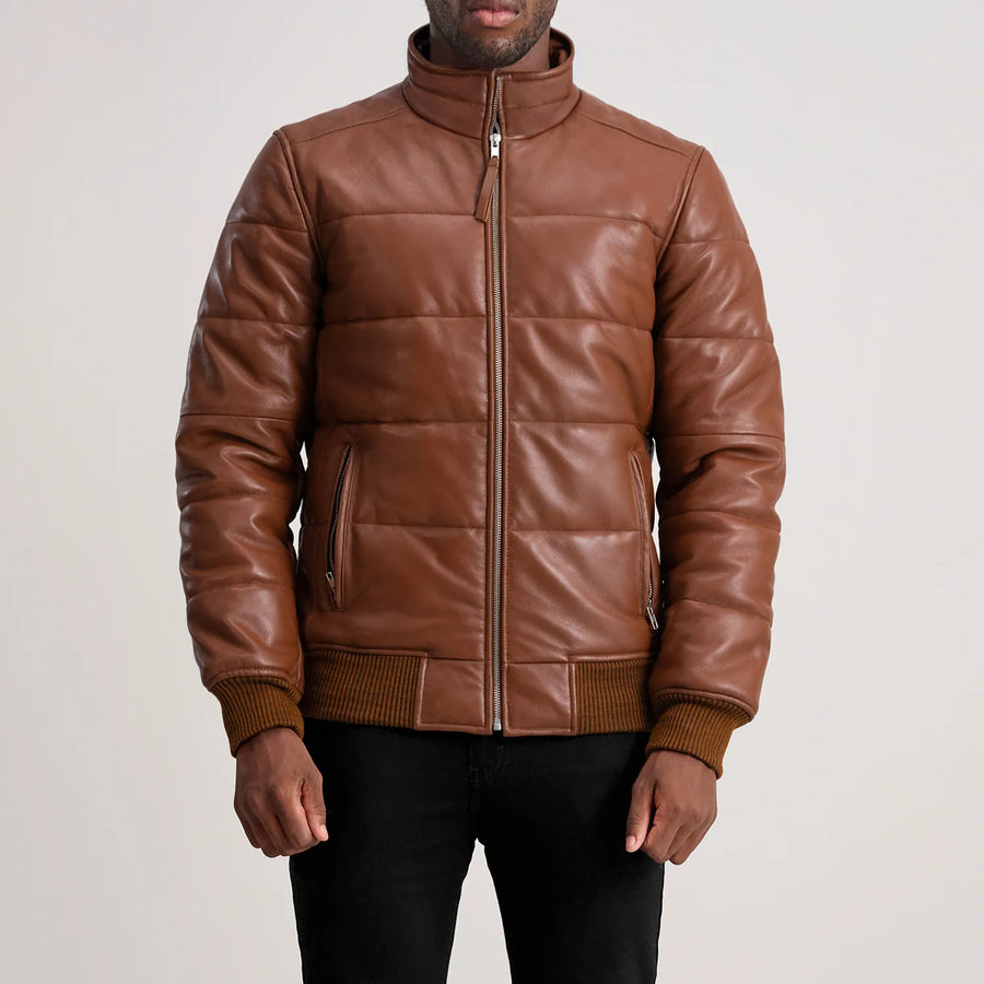 Men’s High-Neck Sheepskin Puffer Leather Jacket – Semi-Aniline Finish