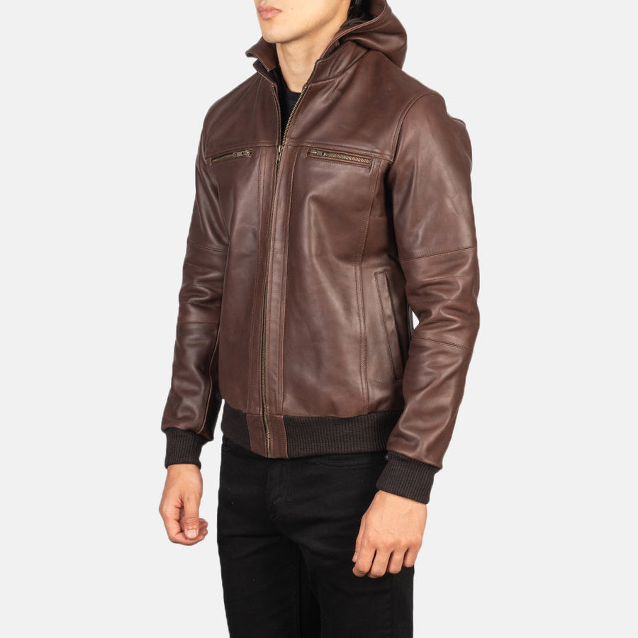 Men’s Hooded Genuine Cowhide Leather Jacket – Rib Knit Finish