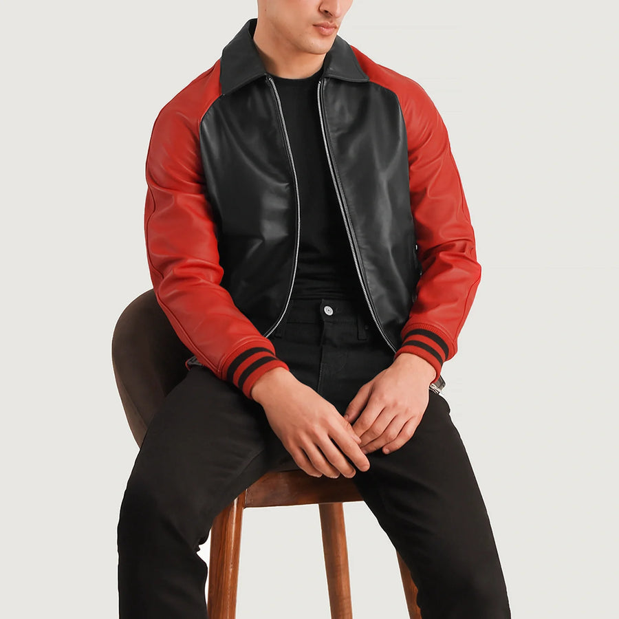 Men’s Varsity Leather Jacket – Real Sheepskin Semi-Aniline Bomber with Rib Knit Cuffs