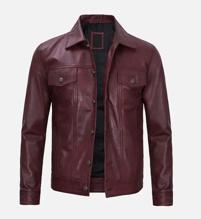Men’s Sheepskin Trucker Leather Jacket – Camel Brown, Maroon & Blue with Shirt-Style Collar