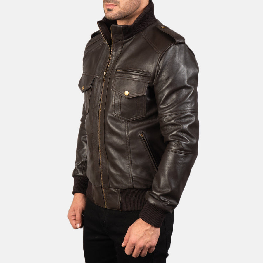 Men’s Sheepskin Leather Jacket with High-Neck Collar & Shoulder Epaulettes