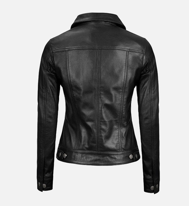 Women’s Sheepskin Leather Trucker Jacket – Brown, Black & Purple