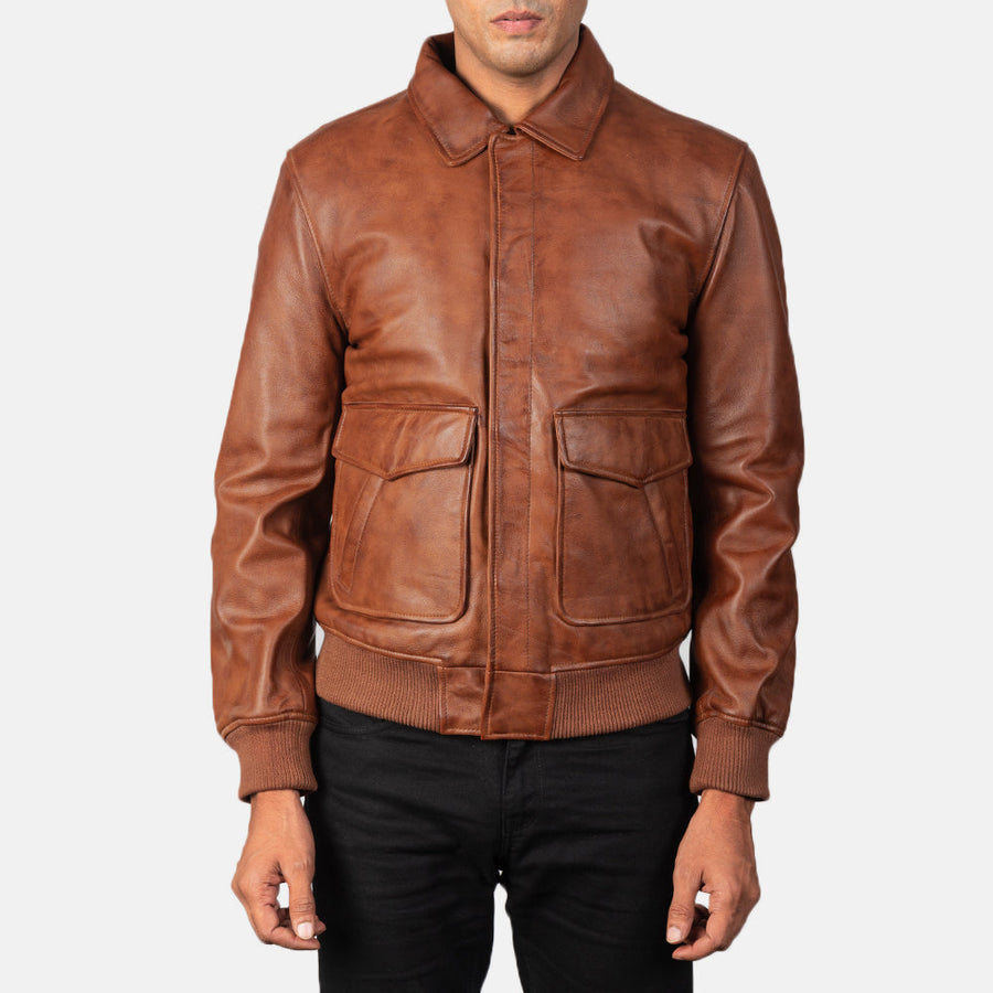 Men’s Sheepskin Leather Jacket with Shirt Collar and Button Flap