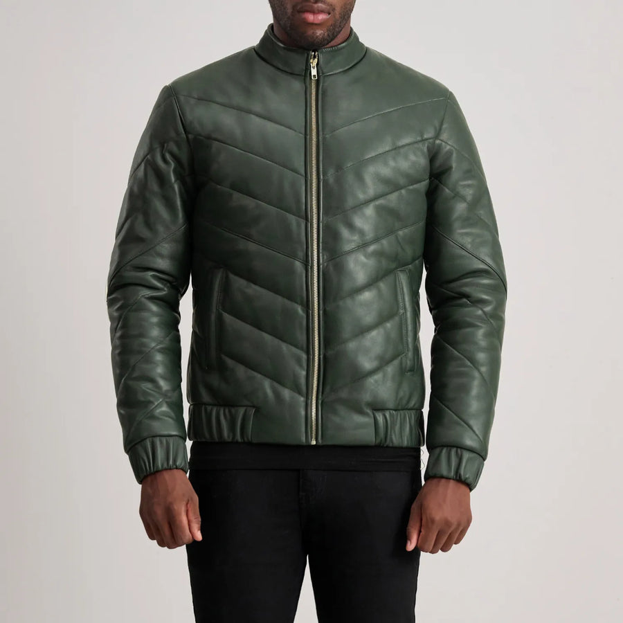 Men’s Sheepskin Real Leather Quilted Puffer Jacket with Band Collor