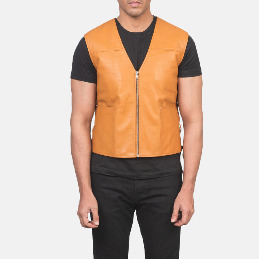 Men’s Black & Tan Brown Sheepskin Leather Vest with Leather Laces