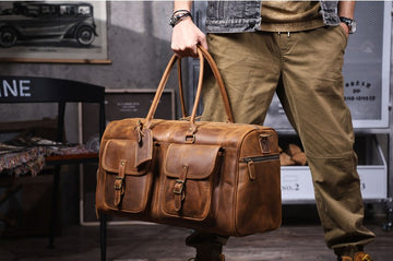 Genuine Crazy Horse Leather Duffle Bag with Shoe Compartment | Vintage Weekender Travel Bag