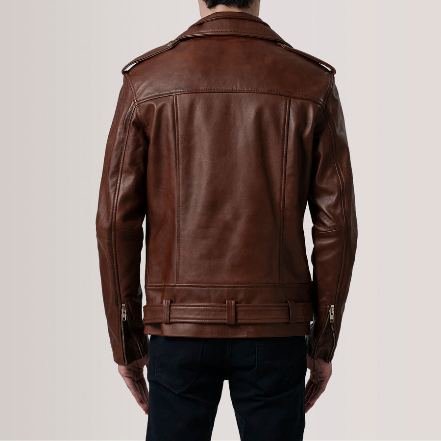 Men’s Sheepskin Leather Rider Jackets with Notch Collar & Waist Straps – Semi-Aniline Finish