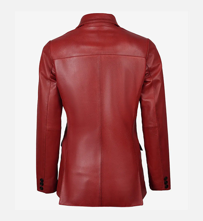 Women’s Sheepskin Two Button Real Leather Blazer – Red & Purple with Notched Lapel Collar