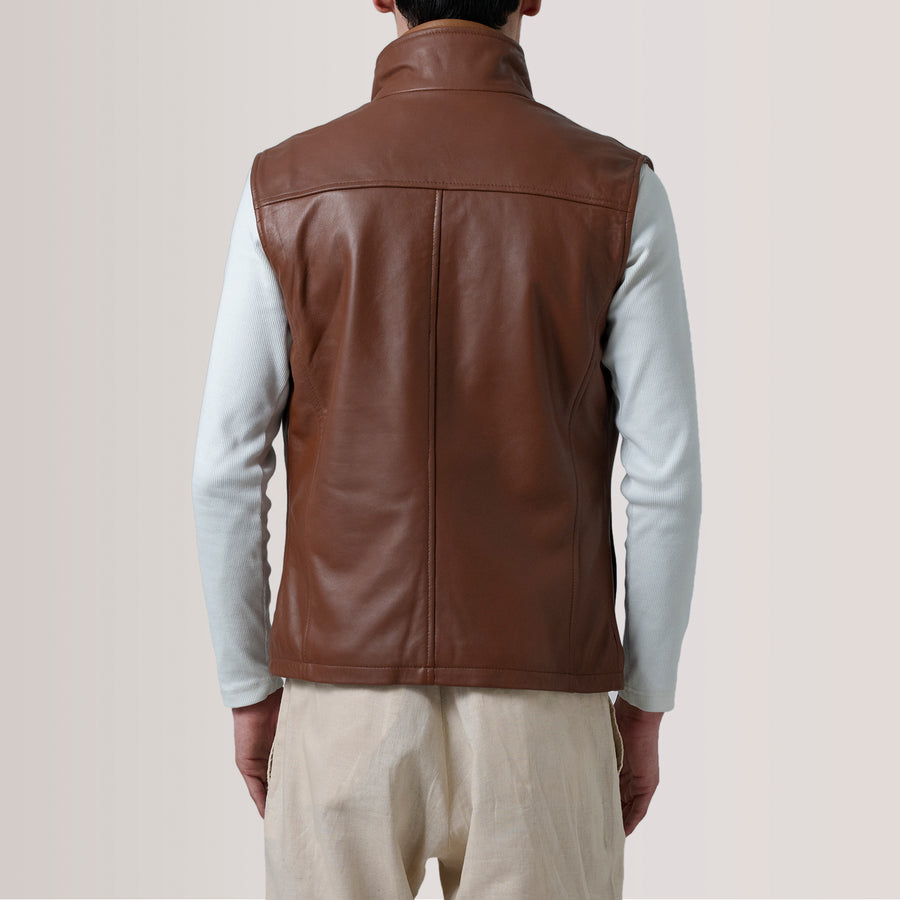 Men’s Semi-Aniline Sheepskin Leather Vest – Band Collar with Buckle