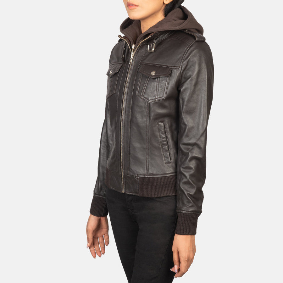 Genuine Sheepskin Leather Hooded Bomber Jacket For Women