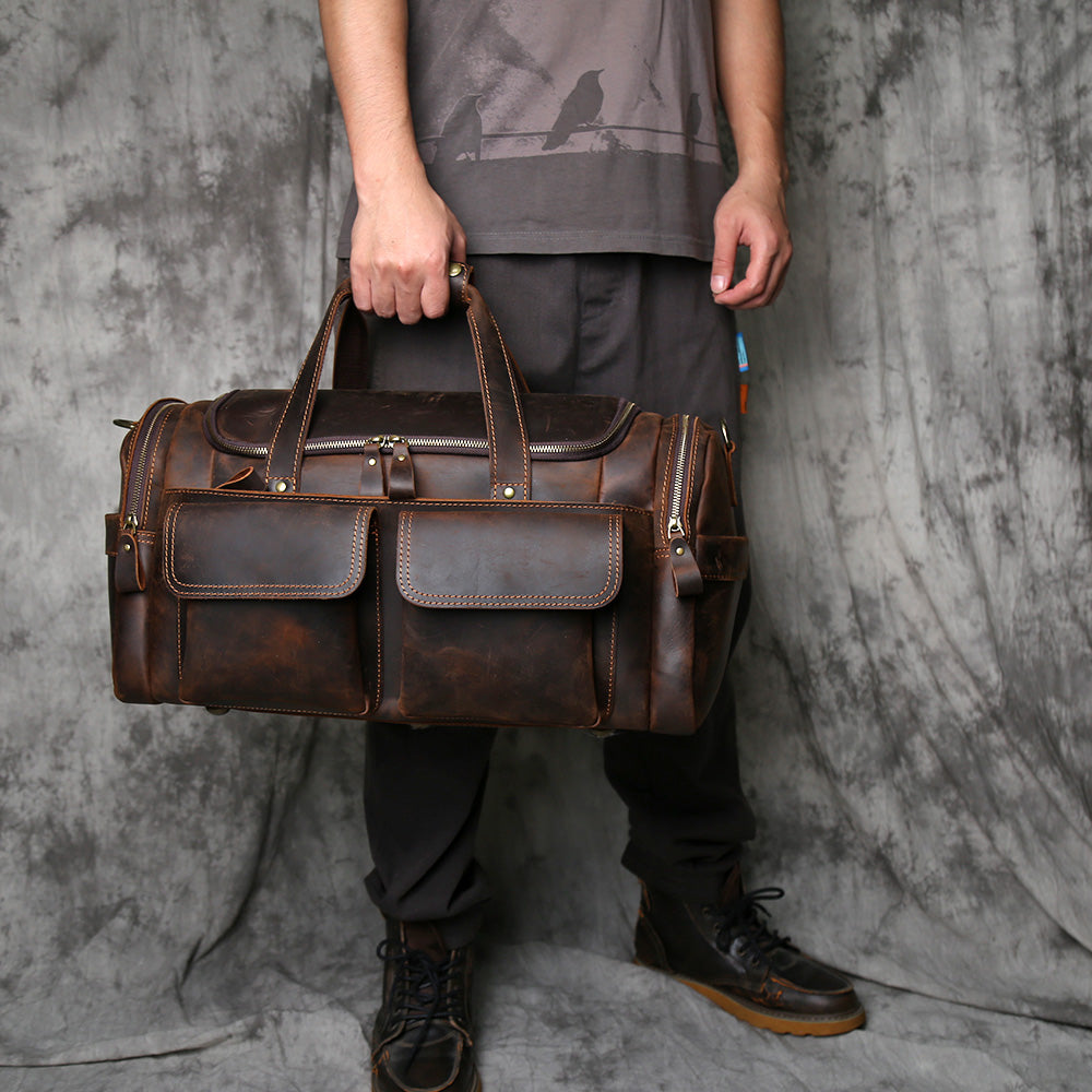 Crazy Horse Leather Duffle Bag – Genuine Leather Travel Weekender Bag for Men & Women