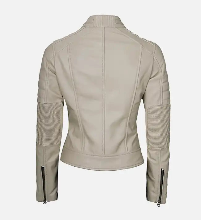 Women’s Sheepskin Leather Café Racer Jacket – Green & Beige with Quilted Shoulders