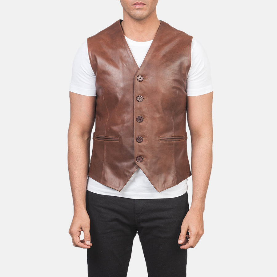 Men’s Pull-Up Cowhide Leather Vest – 5 Button Closure