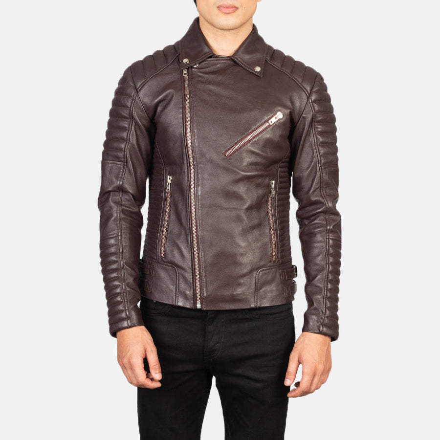 Men’s Semi-Aniline Sheepskin Leather Biker Jacket with Notch Collar