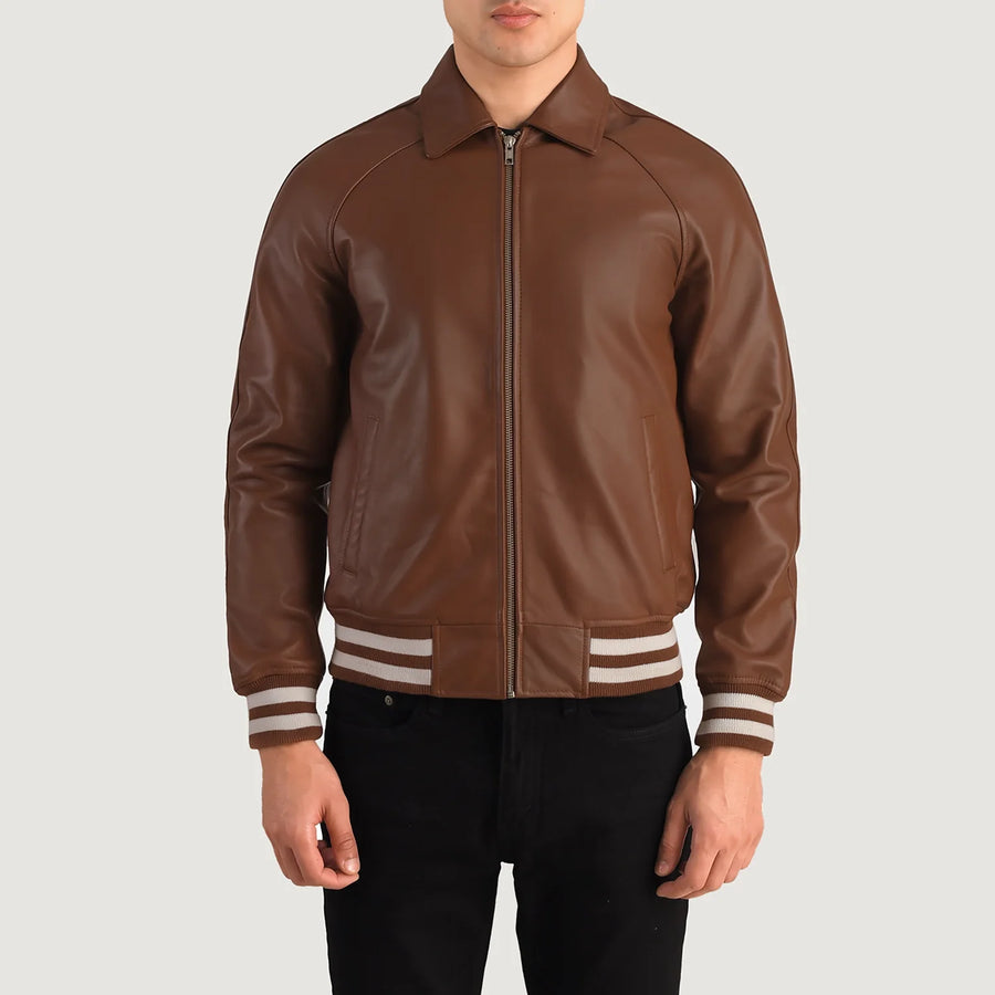 Men’s Semi-Aniline Sheepskin Leather Jacket with Rib Knit Cuffs & Hem