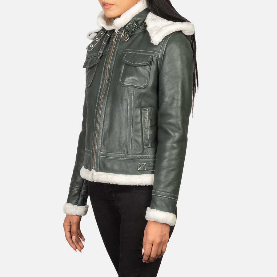Women’s Sheepskin Leather Jacket with Faux Fur Lining & Removable Hood