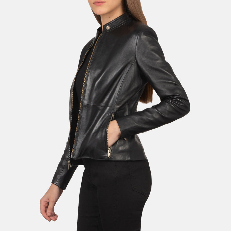 Women’s Sheepskin Leather Bomber Jacket with Band Collar