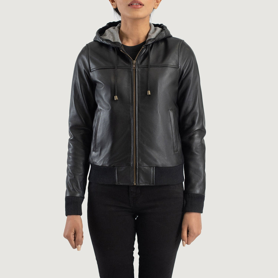 Women’s Hooded Sheepskin Leather Bomber Jacket with Fleece Lining