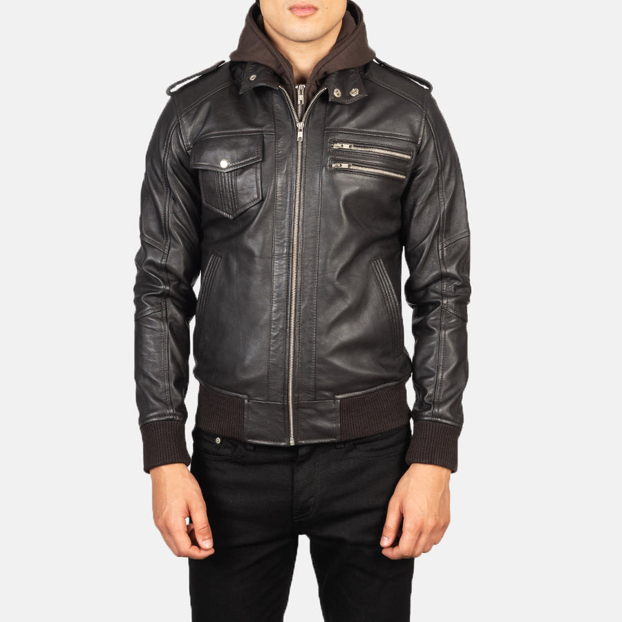 Men’s Sheepskin Leather Jacket with High-Neck Collar & Removable Hood