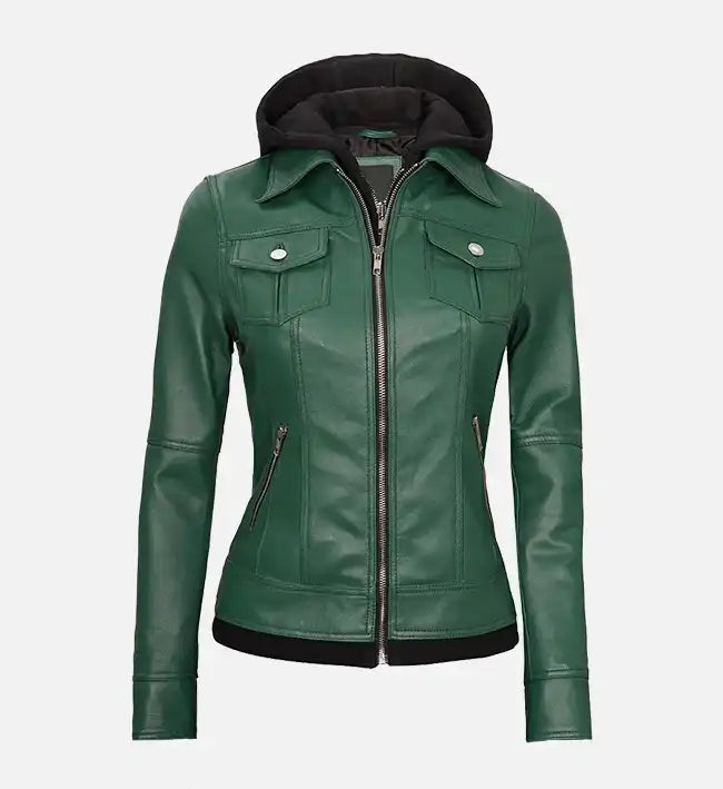 Women’s Sheepskin Leather Jacket – Off-White, Pink & Green with Removable Hood