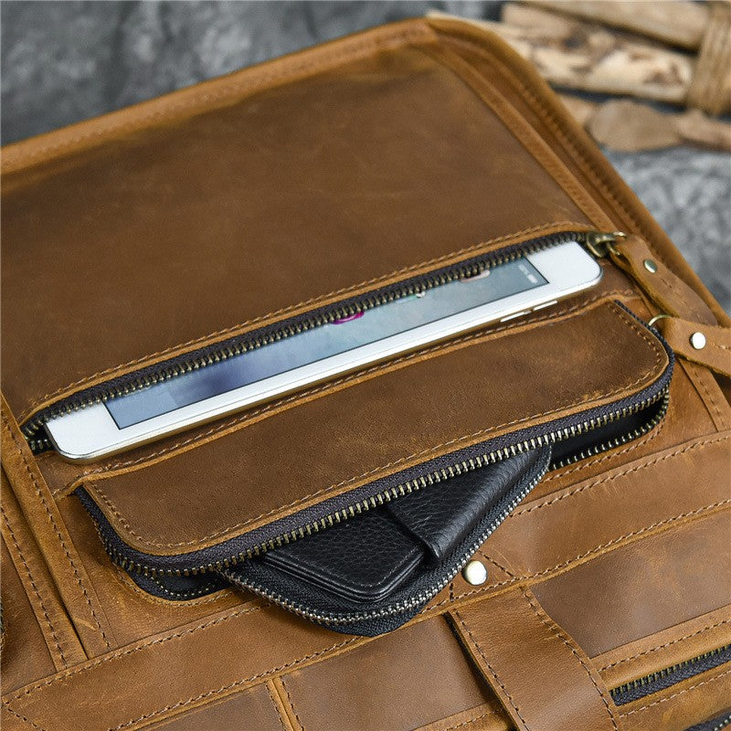 Crazy Horse Leather Laptop Briefcase – 3 Compartment Business Messenger Bag for Men & Women