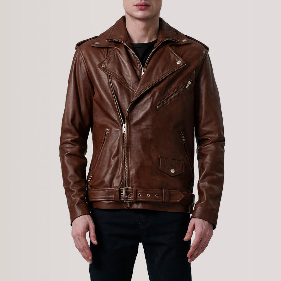 Men’s Sheepskin Leather Rider Jackets with Notch Collar & Waist Straps – Semi-Aniline Finish