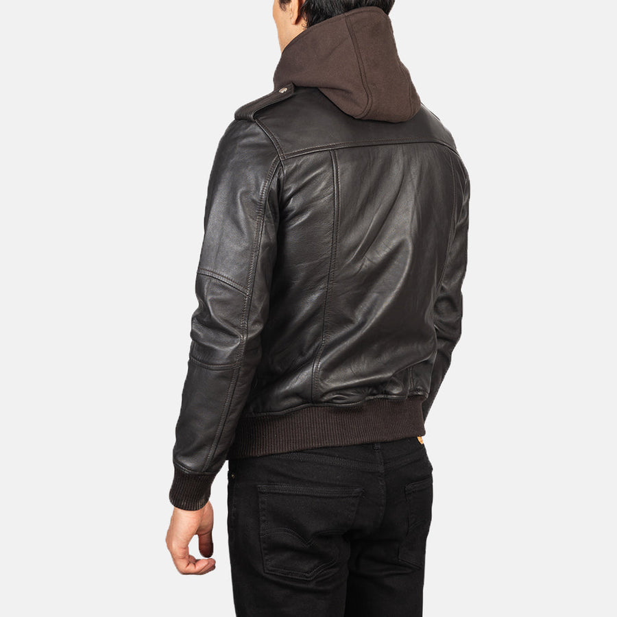 Men’s Sheepskin Leather Jacket with High-Neck Collar & Removable Hood
