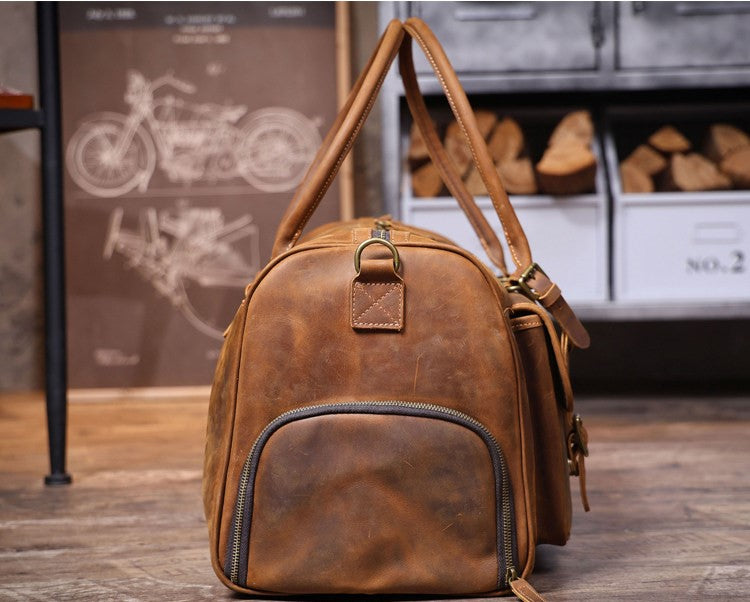 Genuine Crazy Horse Leather Duffle Bag with Shoe Compartment | Vintage Weekender Travel Bag