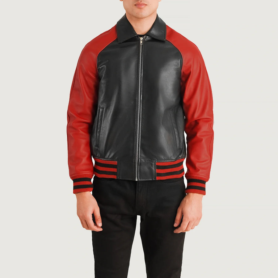 Men’s Varsity Leather Jacket – Real Sheepskin Semi-Aniline Bomber with Rib Knit Cuffs