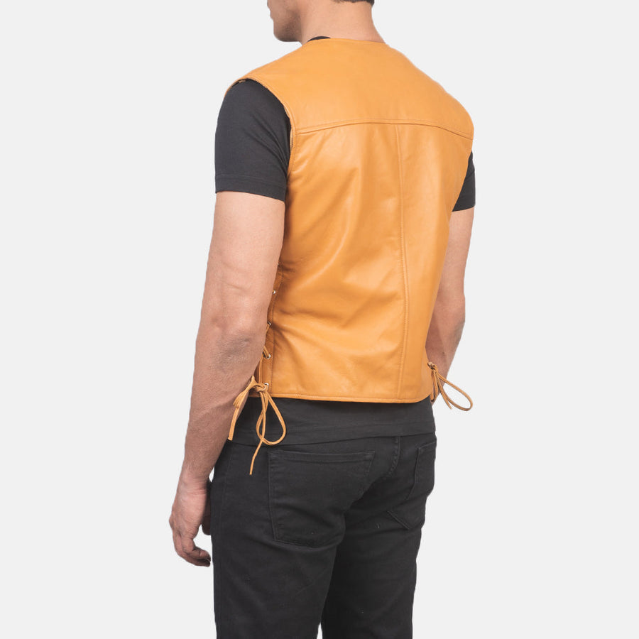 Men’s Black & Tan Brown Sheepskin Leather Vest with Leather Laces