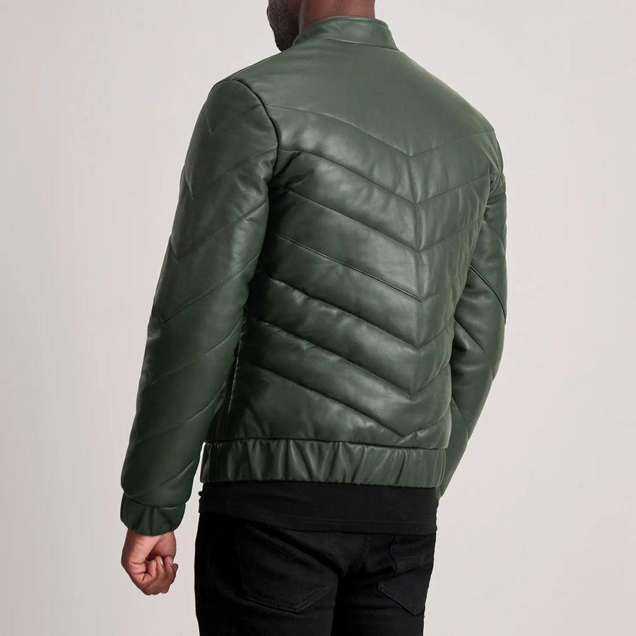 Men’s Sheepskin Real Leather Quilted Puffer Jacket with Band Collor