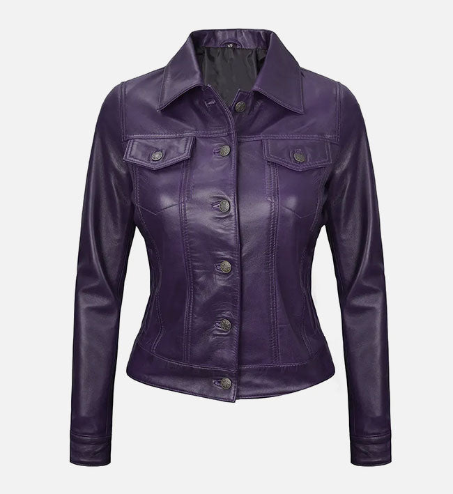 Women’s Sheepskin Leather Trucker Jacket – Brown, Black & Purple