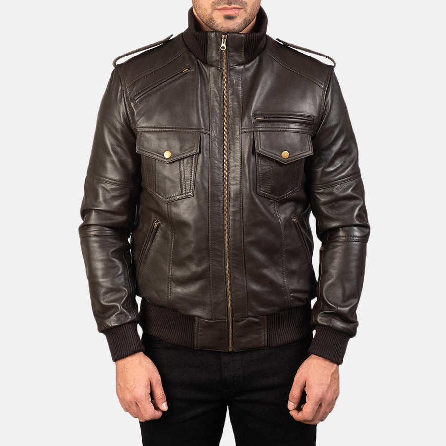 Men’s Sheepskin Leather Jacket with High-Neck Collar & Shoulder Epaulettes